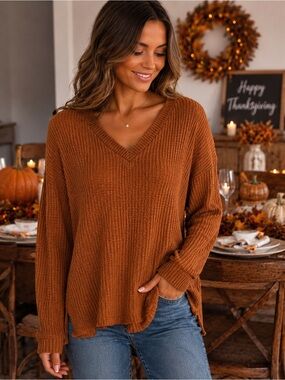 🔥 3/$30 Mix&Match 🔥 🤍 White Birch | XS | Rust | Waffle Knit V-Neck Sweater 🍁